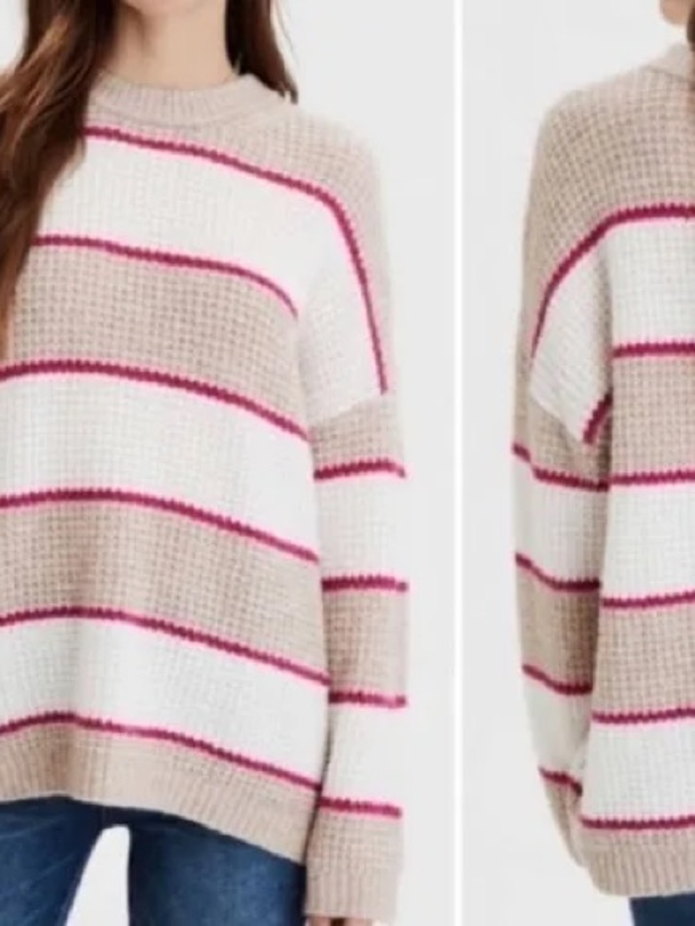 American Eagle oversized waffle-knit crewneck sweater tan white pink stripe LG
